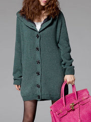 Buttoned Hoodie Knitted Long Sleeve Cardigan Coat