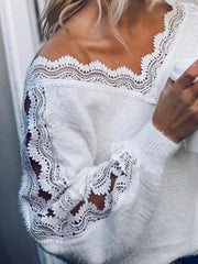 Women Chic V neck long sleeve lace white sweaters
