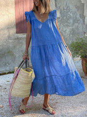 Blue V Neck Short Sleeve Cotton-Blend Casual Dresses