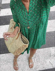 Fashion Casual Loose Print V neck Long sleeve Shift Dresses