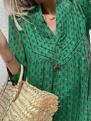 Fashion Casual Loose Print V neck Long sleeve Shift Dresses