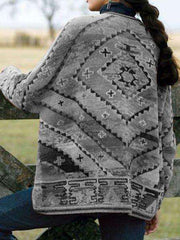 Casual Loose Stripe Print Long sleeve Woollen Coat