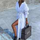 Fashion Pure Lapel Long sleeve Lacing Shirt Maxi Dresses