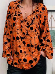 Women's skull printed large v-neck top Blouses