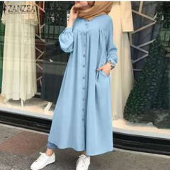 Fashion Pure Gored Fastener Long sleeve Pocket Maxi Dresses