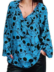 Women's skull printed large v-neck top Blouses