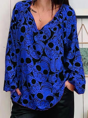 Women's skull printed large v-neck top Blouses