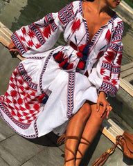 Casual Loose Print V neck Long sleeve Lacing Maxi Dresses