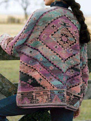 Casual Loose Stripe Print Long sleeve Woollen Coat