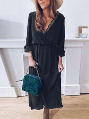 Fashion Pure Lace V neck Long sleeve Skater Maxi Dresses