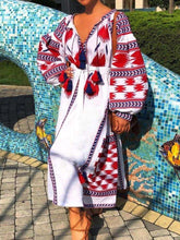 Casual Loose Print V neck Long sleeve Lacing Maxi Dresses
