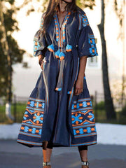 Fashion Casual Loose Print V neck Half sleeve Maxi Dresses