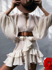Casual Loose Pure V neck Puff sleeve Belt Skater Dresses