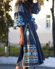 Fashion Casual Loose Print V neck Half sleeve Maxi Dresses