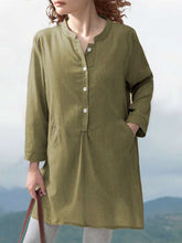 Casual Loose Pure Fastener Round neck Long sleeve Shirt Shift Dresses