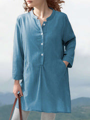 Casual Loose Pure Fastener Round neck Long sleeve Shirt Shift Dresses
