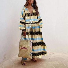 Casual Loose Print V neck Long sleeve Maxi Dresses