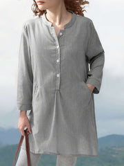 Casual Loose Pure Fastener Round neck Long sleeve Shirt Shift Dresses