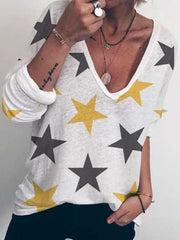 Casual Star print V neck Long sleeve T-Shirts