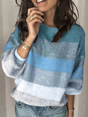 Casual loose round neck multi-color patchwork knit sweaters