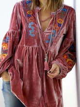 Casual Loose Plush Floral print V neck Long sleeve Gored Lacing Sweatshirts