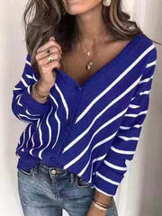 Women v neck knit stripe long sleeve sweaters