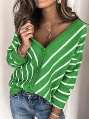 Women v neck knit stripe long sleeve sweaters