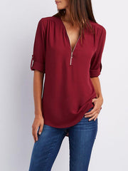 Woman Fashion Loose Daily Chiffon Long Sleeve V Neck Blouses