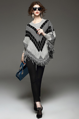 O-Neck Jacquard Tassel Cloak Batwing Pullovers Knitwear
