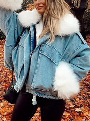 Detachable Fuzzy Faux Fur Collar Denim Coats