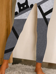 Color-block Cats Printed Plus Size Casual Pants