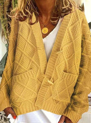 Solid Ribbed Horn Buckle Pockets Cardigan