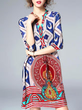 Boutique Printing V-Neck Half Sleeve Real Silk Loose Mini Dress