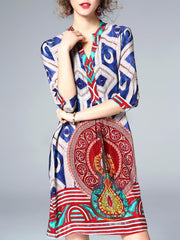 Boutique Printing V-Neck Half Sleeve Real Silk Loose Mini Dress
