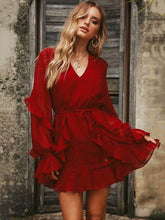 Sexy V-neck Falbala Long Sleeve Mini Dress