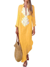 Plus Size Cotton Linen Long Sleeve Solid Loose V Neck Boho Long Dress Casual Dress Maxi Dress For Woman