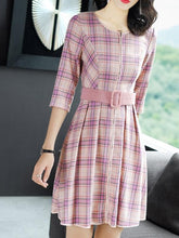 Contrast Plaids O-Neck Half Sleeves Midi A-Line Shift Dresses