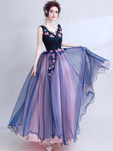 Embroidery Lace Contrast Deep V Neck Mesh Stereo Flowers Evening Dresses