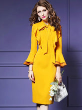 Woman Solid Color Sashes Bowknot Zipper O-Neck Long Flare Sleeves Bodycon Dresses