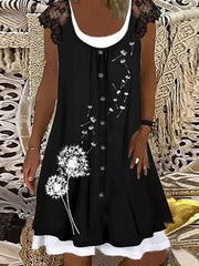 Loose Round neck buttoned short sleeve printed mini dresses for women