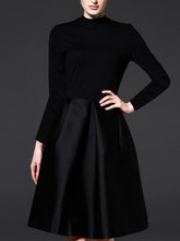 Black Round Neck Long Sleeve Woman Skater Dresses