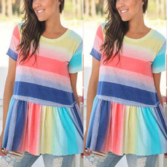 Fashion Round Collar Split Joint Rainbow Blouse