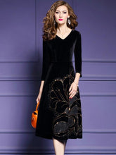 Black Printing Zipper V-Neck Long Sleeves Midi A-Line Maxi Dresses For Autumn