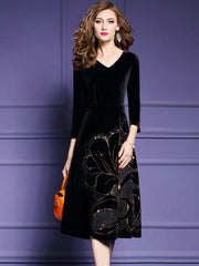 Black Printing Zipper V-Neck Long Sleeves Midi A-Line Maxi Dresses For Autumn