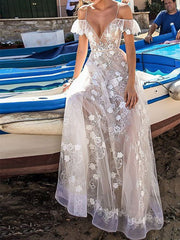 White Plunge Embroidery Flower Chic Women Sheer Mesh Cami Evening Dress