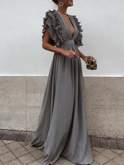 Chiffon Plunge Frill Trim Open Back Chic Women Evening Dress