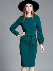 Contrast Solid Color Bowknot Zipper O-Neck Long Sleeves Midi Bodycon Dresses