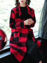 Red Grid Woman Elegant Lapel Coats