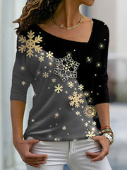 Women snow printed irregular long sleeve T-shirts