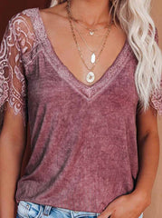 New Women's Lace Short Sleeve V-Neck Tops